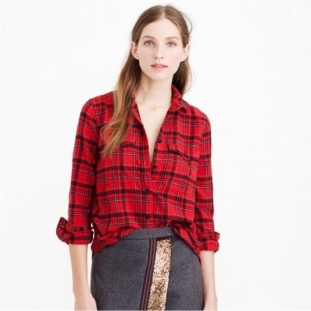 J. Crew Vibrant Red Checkered Shirt Button Up long sleeve 100% Cotton Size 0